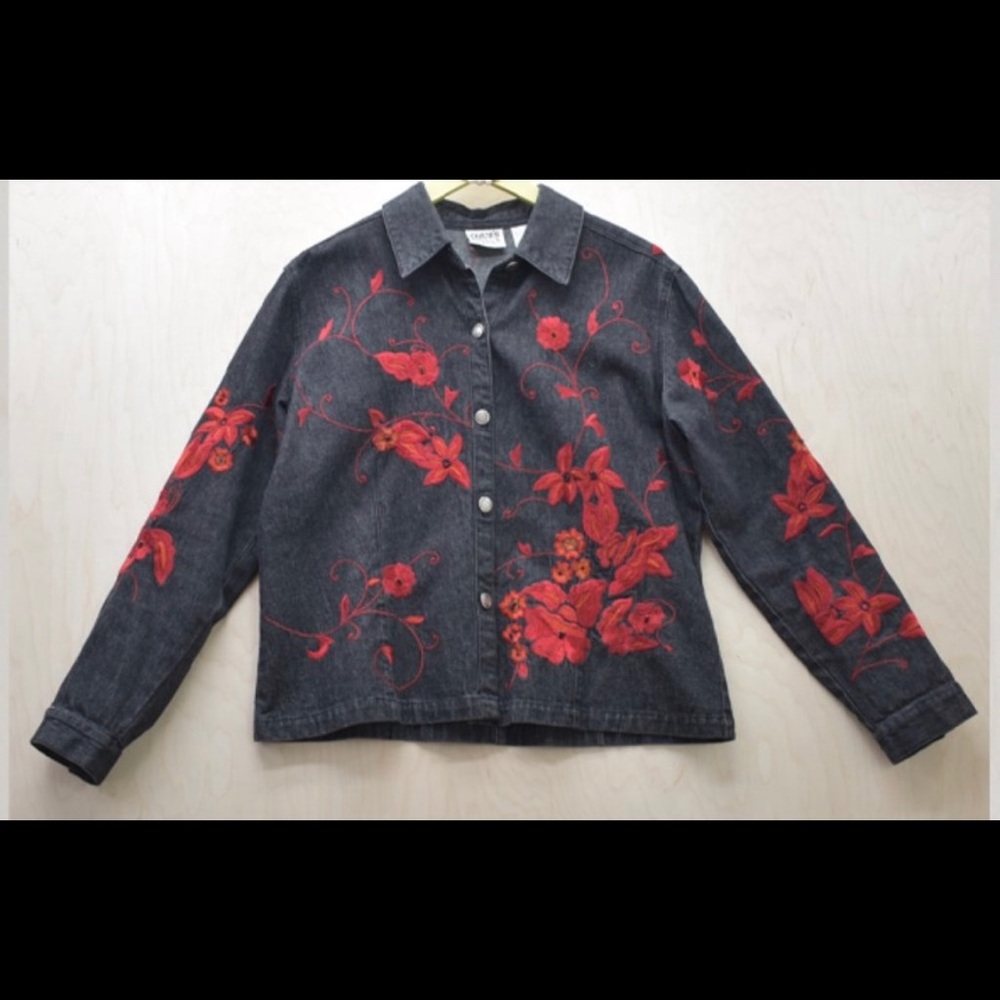 Chico’s Denim Jacket with Red Floral Embroidery